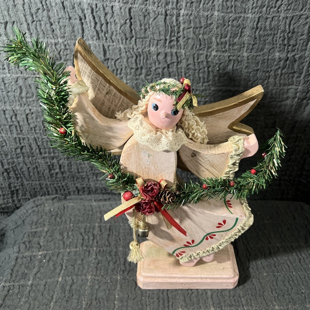 Vintage Wooden Angel Figurine Christmas Décor – 13"‎ – Hand-Painted – RARE